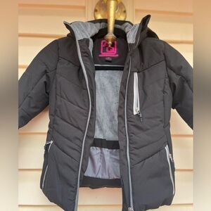 AQ Explore The Unknown Unisex black puffer coat, front & side zippers, hood,5-6